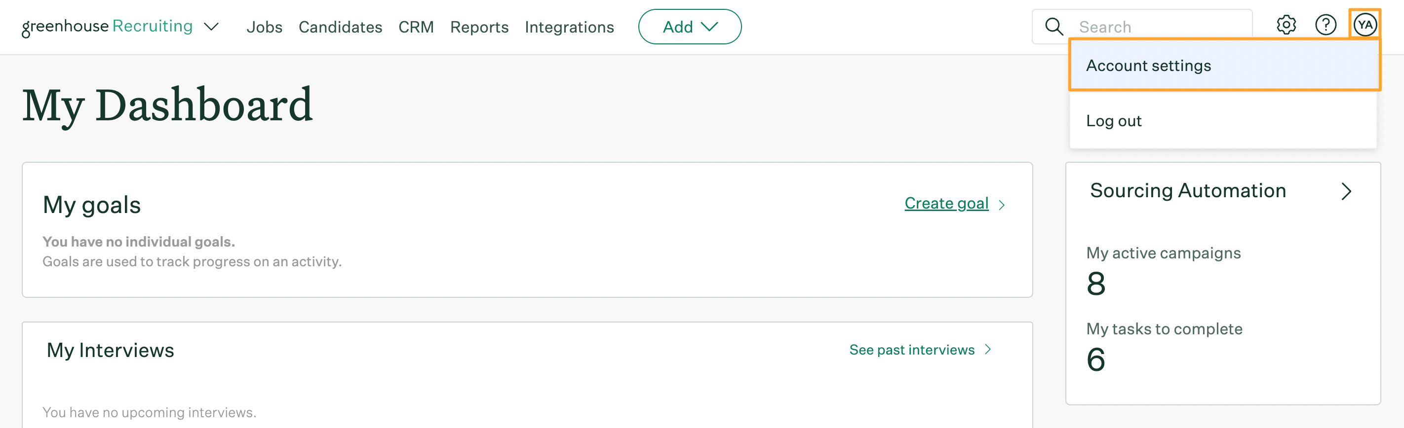 Greenhouse Recruiting my dashboard with user initials and account settings dropdown option highlighted