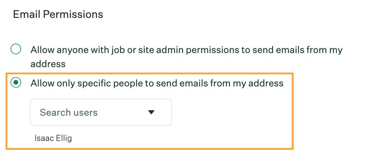 Email permissions section on the account settings page with allow only specific people to send emails from my address permission selected and highlighted