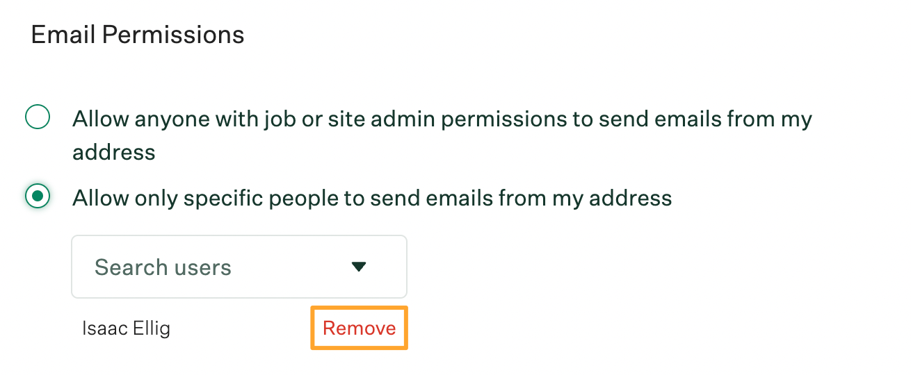 Email permissions section on the account settings page with send on behalf of authorized user hovered over and remove button highlighted