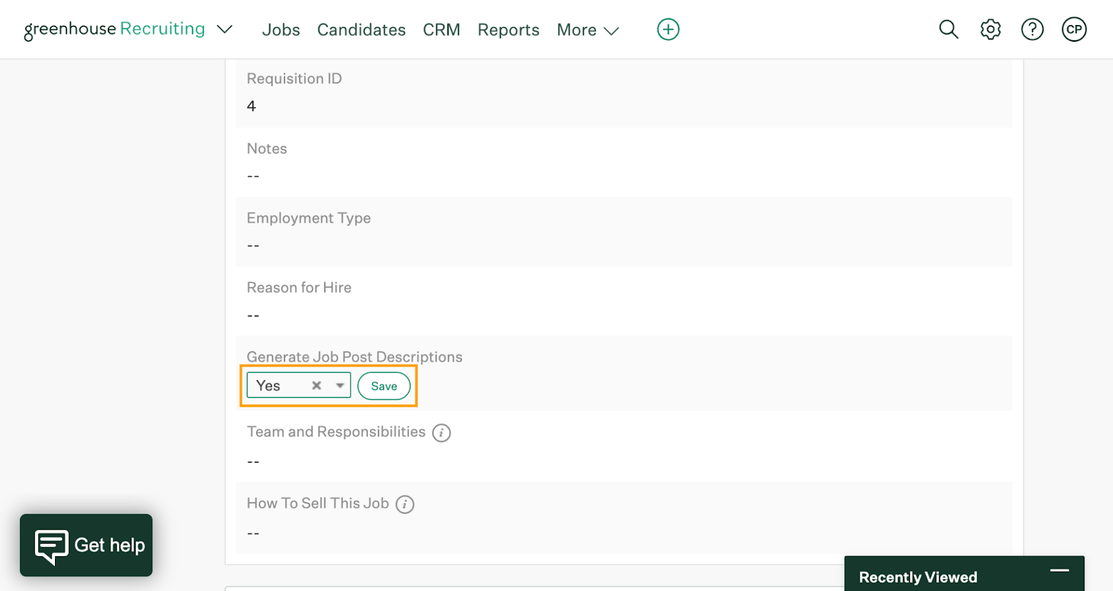 Generate post descriptions field marked with Yes highlighted in marigold on Job Info