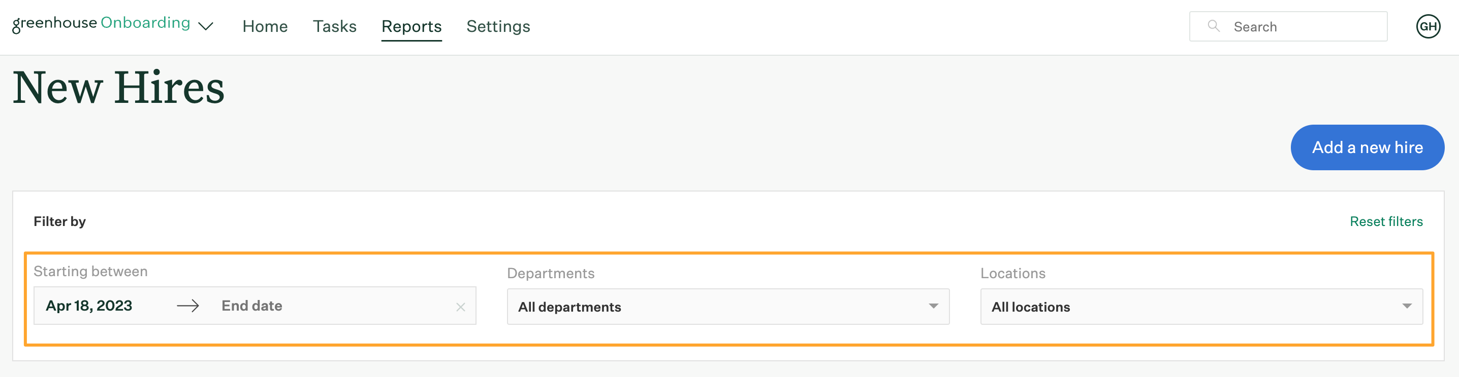 Report filters highlighted on the new hires report page