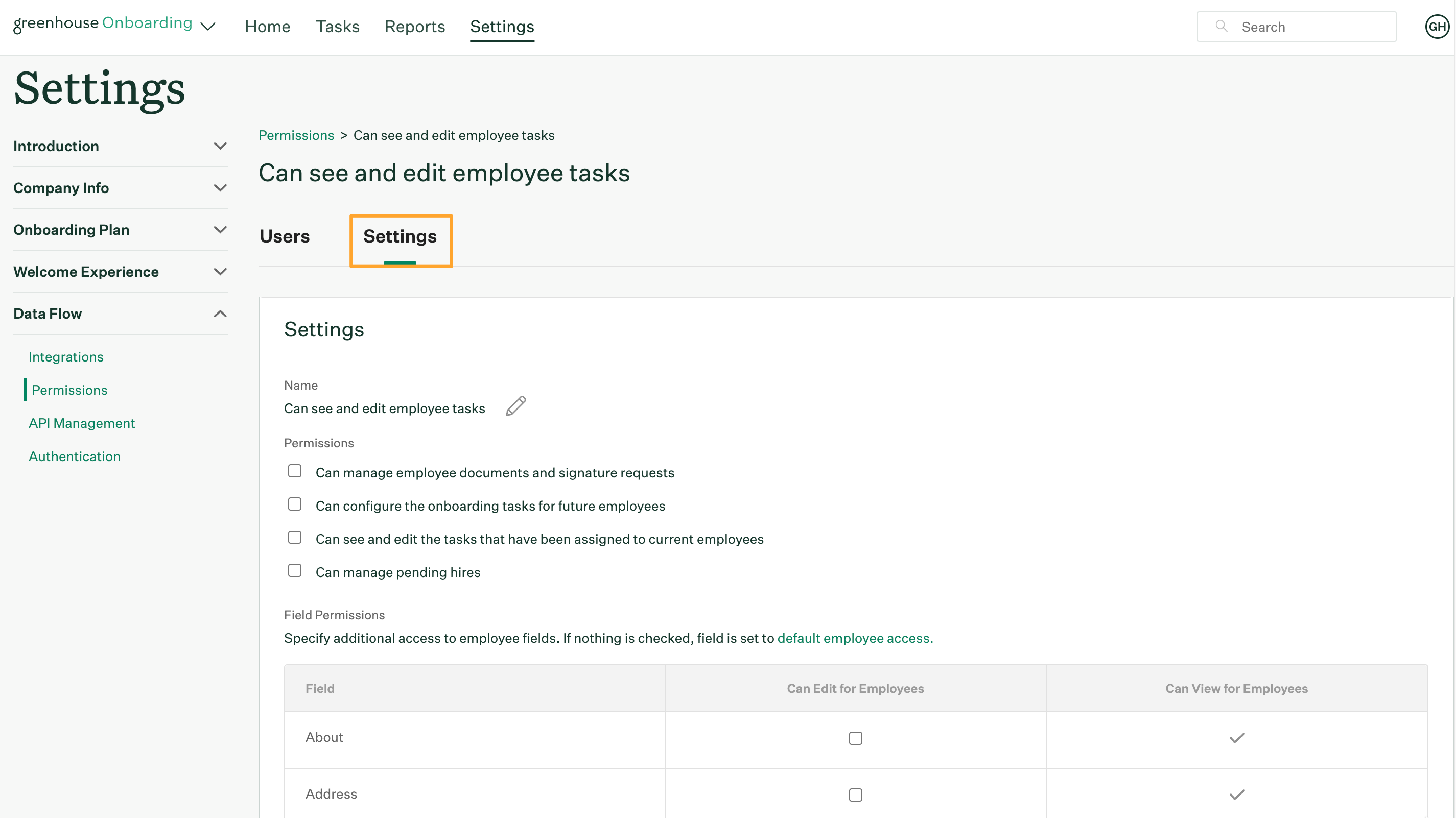 New custom role permission page with Settings tab opened and highlighted