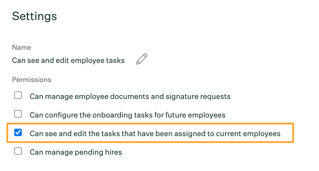 New custom role settings configuration with can see and edit tasks assigned to current employees permission turned on