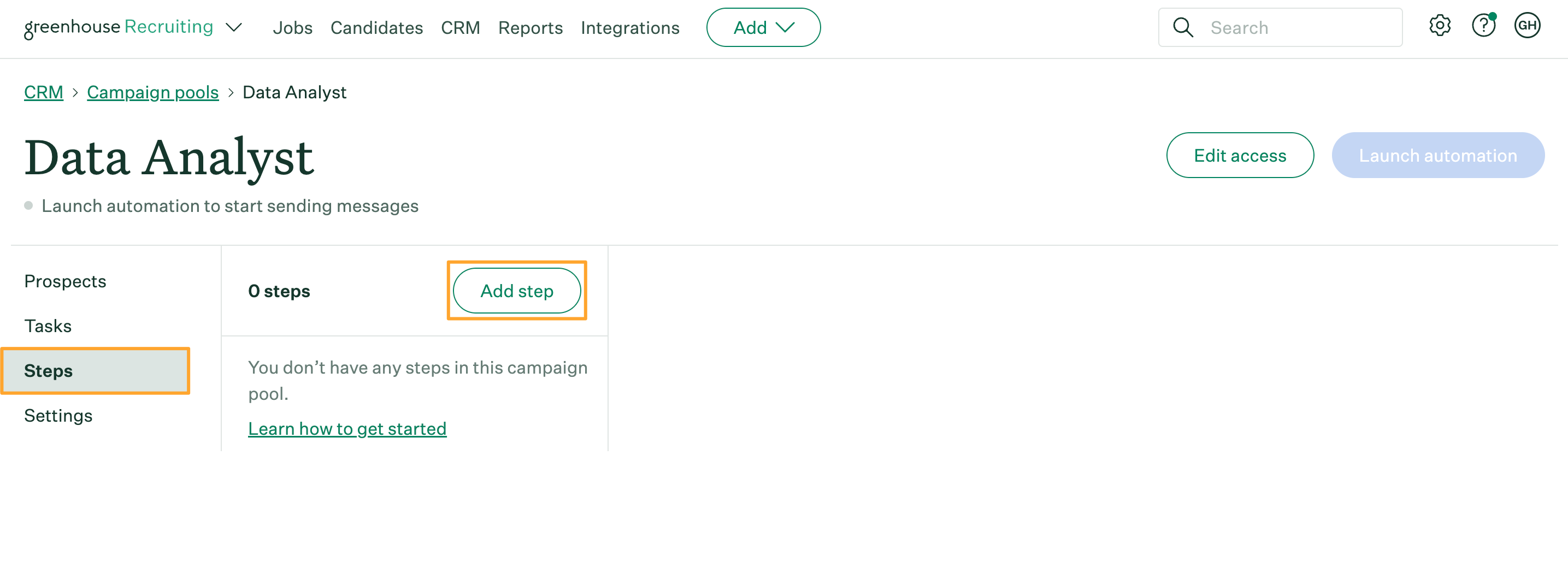 New campaign pool opened in Sourcing Automation with the Steps tab and add step button highlighted