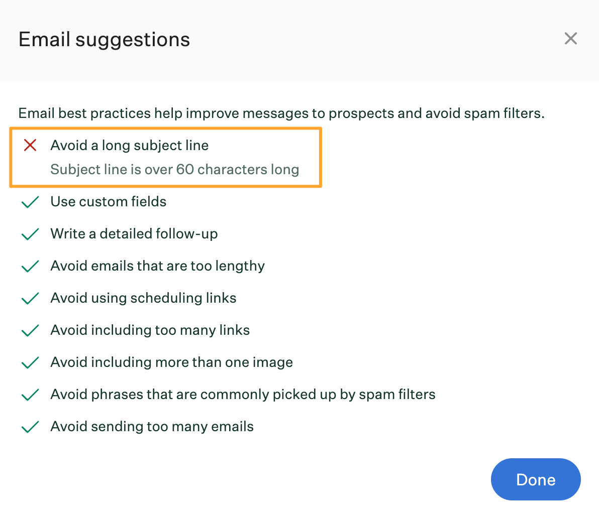 Email coach suggestions window with email suggestion highlighted