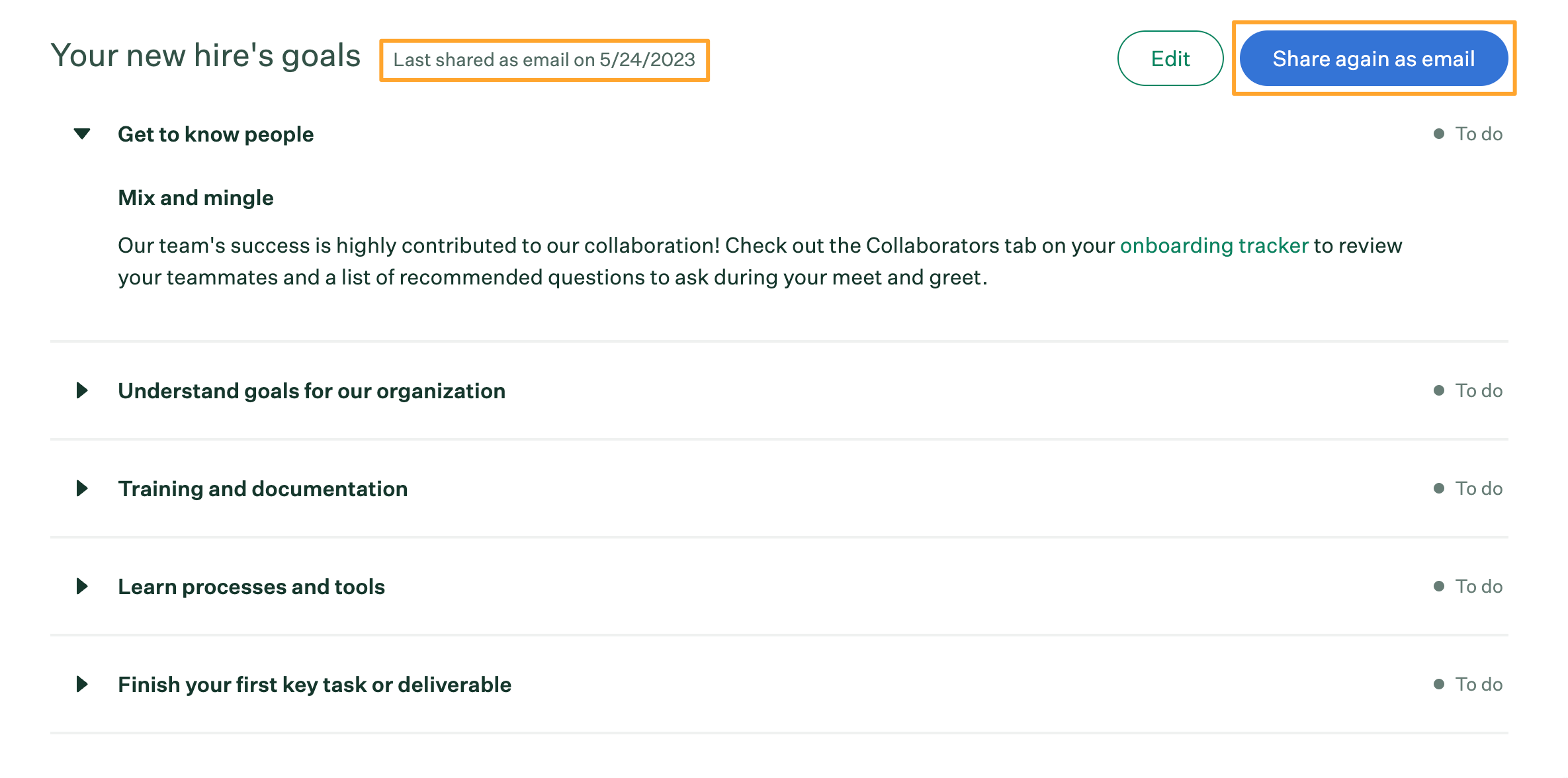 Your new hire goals section with last shared status and share again as email button highlighted