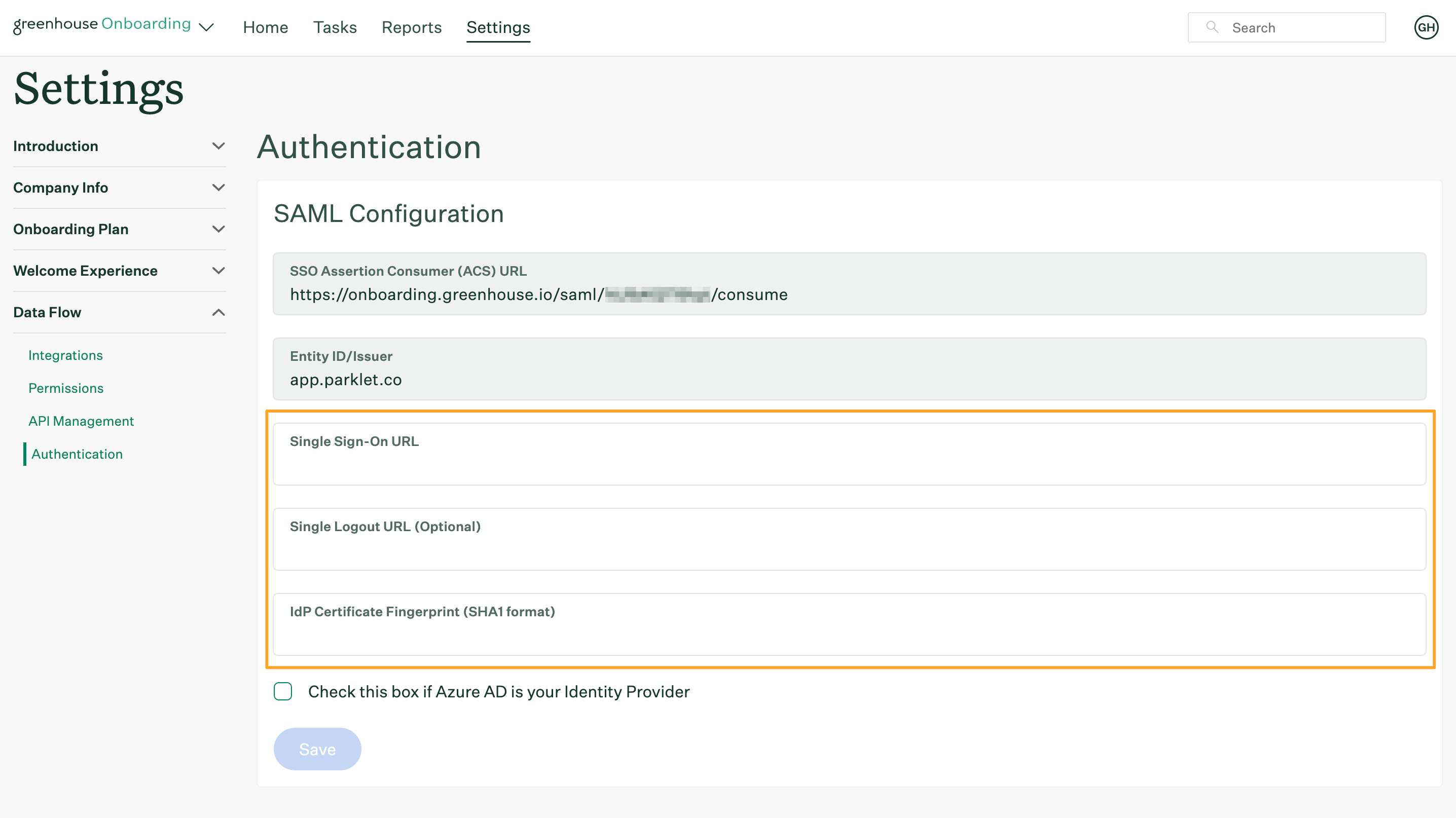 Fields in Greenhouse Onboarding Authentication page to fill out with Google credentials