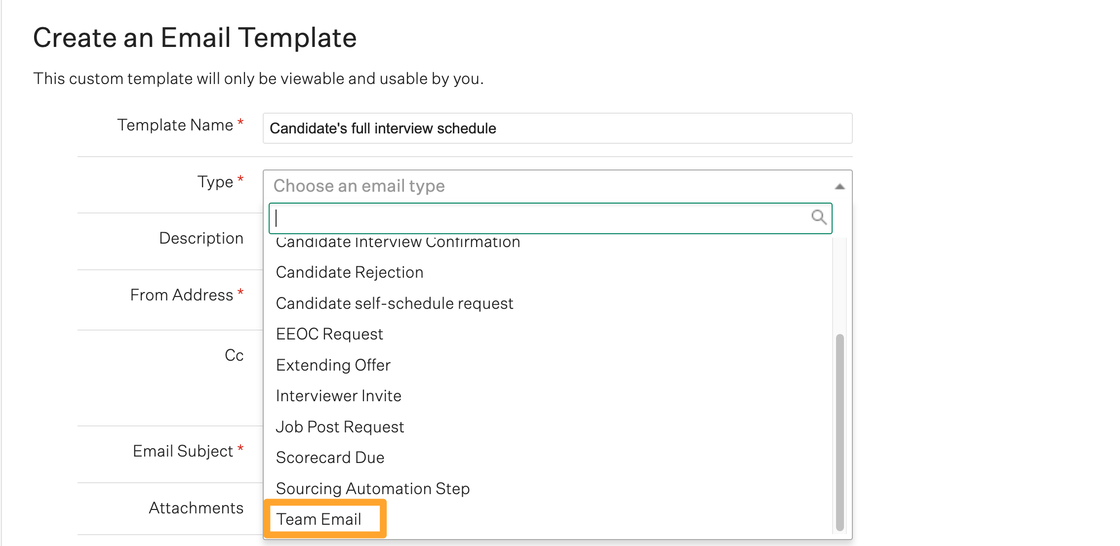 Create an email template page, with an orange box highlighting the option Team Email in the Type dropdown