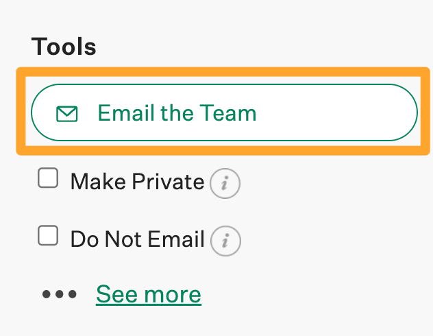 Tools section of the candidate profile page, with an orange box highlighting the Email the team button