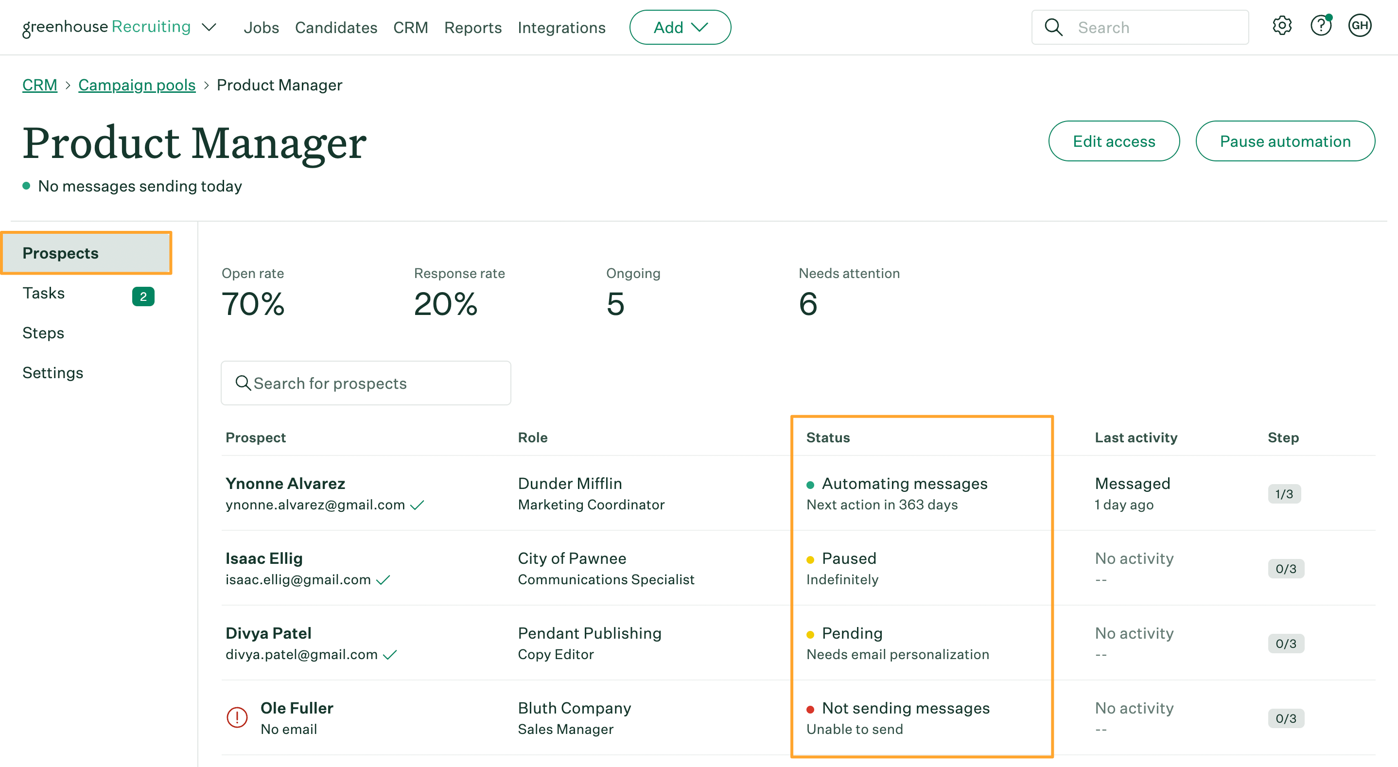 Campaign pool page for Product Manager role with Prospects tab open and Status column highlighted in marigold