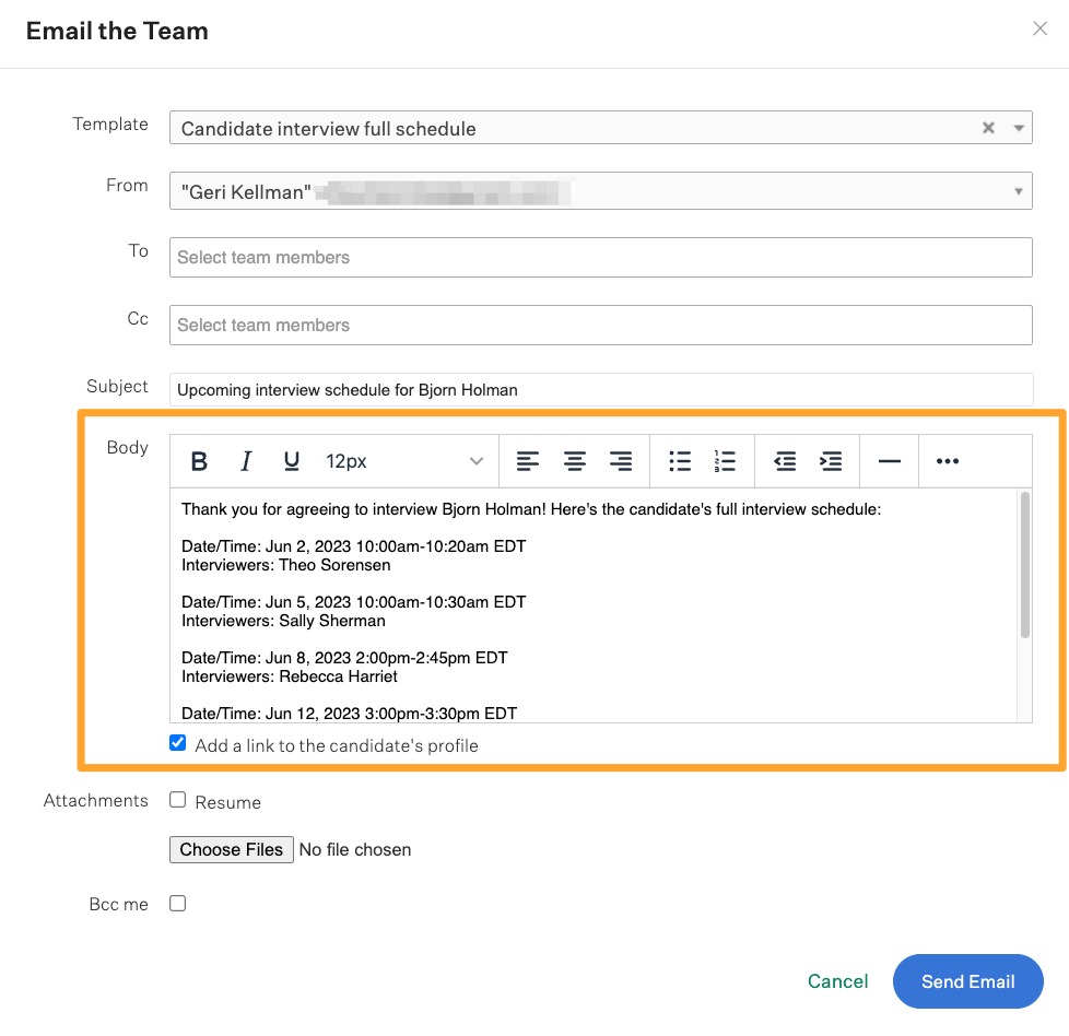 Email the team window with an orange box highlighting the body of the email, which includes the candidates full schedule generated by the token