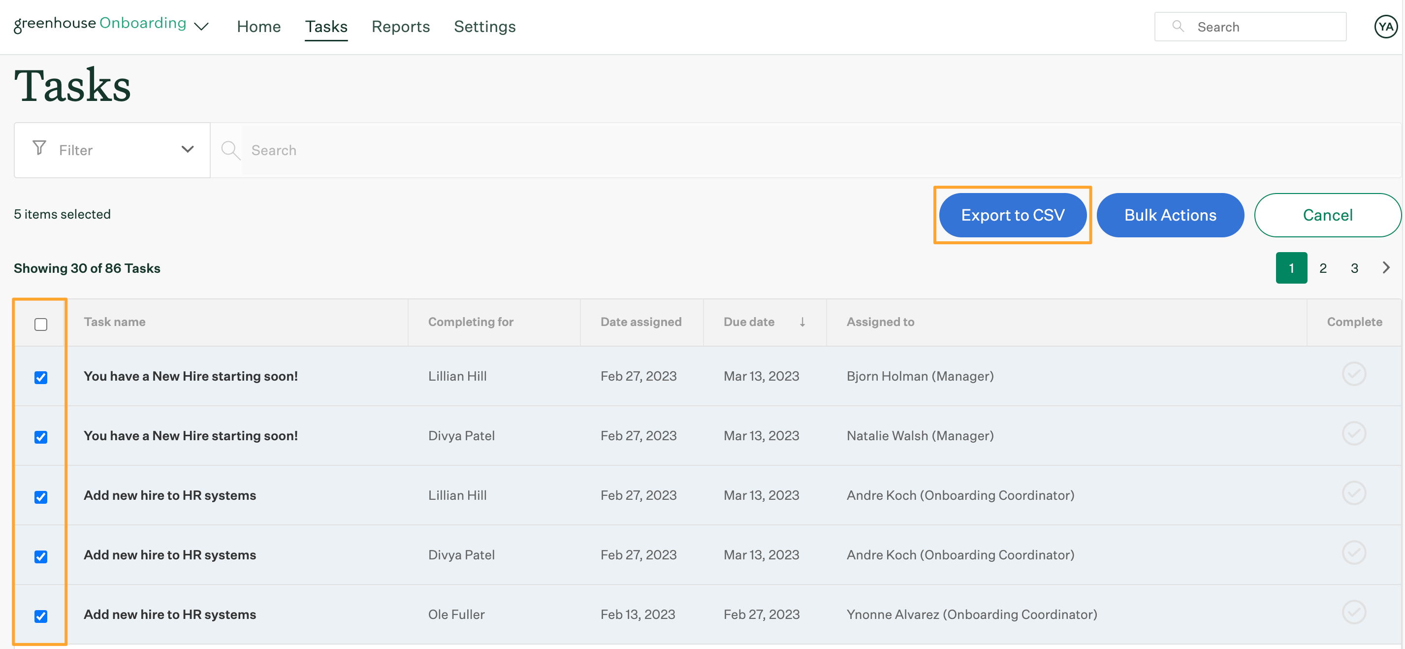 Tasks report with tasks selected and export to csv button highlighted.png