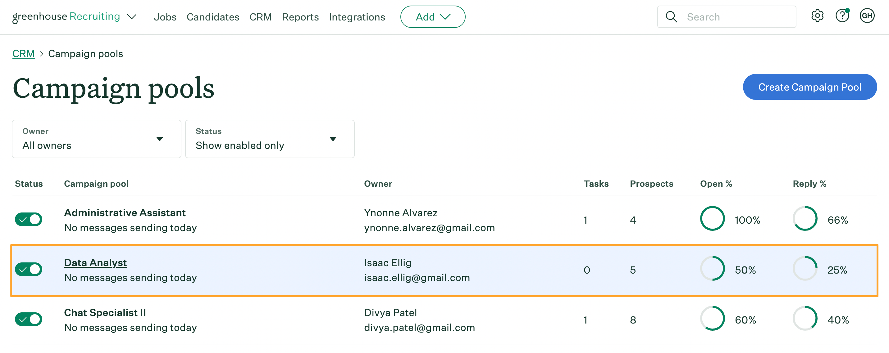 Sourcing Automation campaign pools page with campaign pool hovered over and highlighted to select