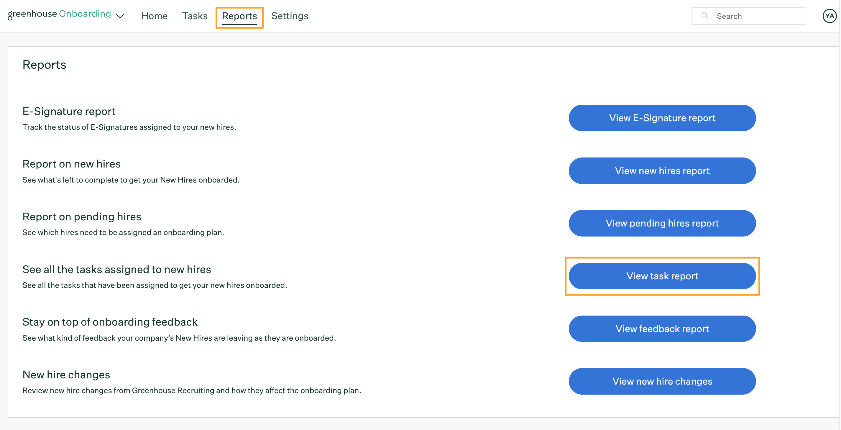 Tasks report listed and highlighted on the reports page