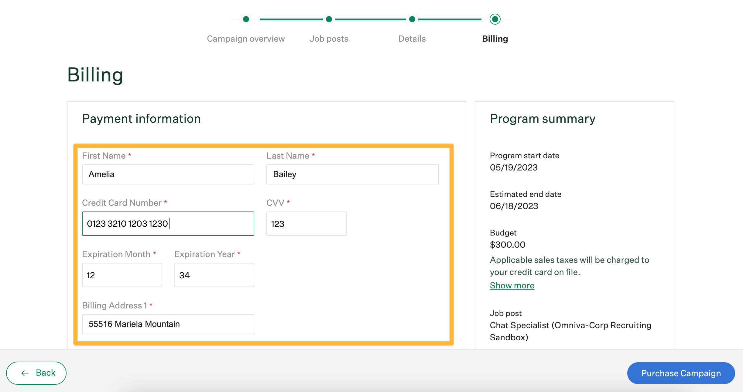 Billing page with an orange box around the payment information fields