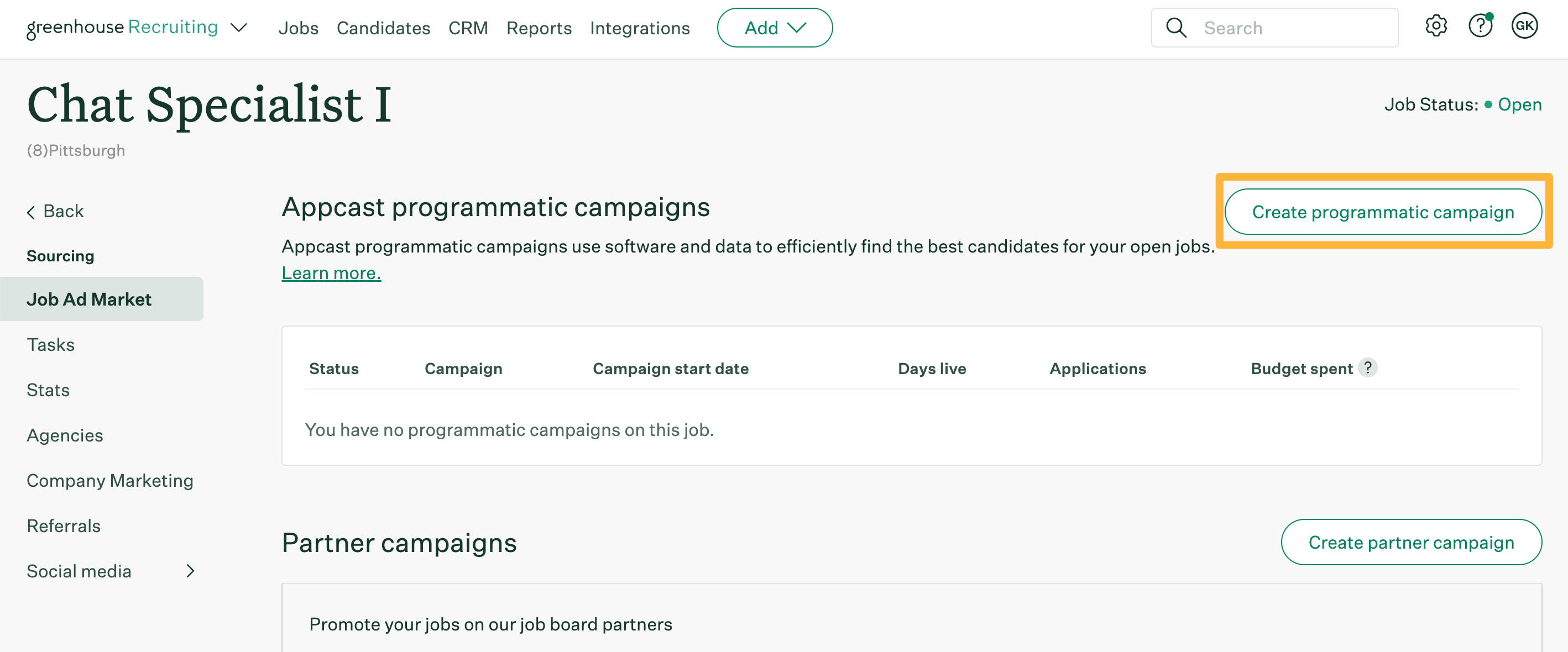 Job  Ad  Market  page  with  an  orange  box  highlighting  the  button  Create  programmatic  campaign
