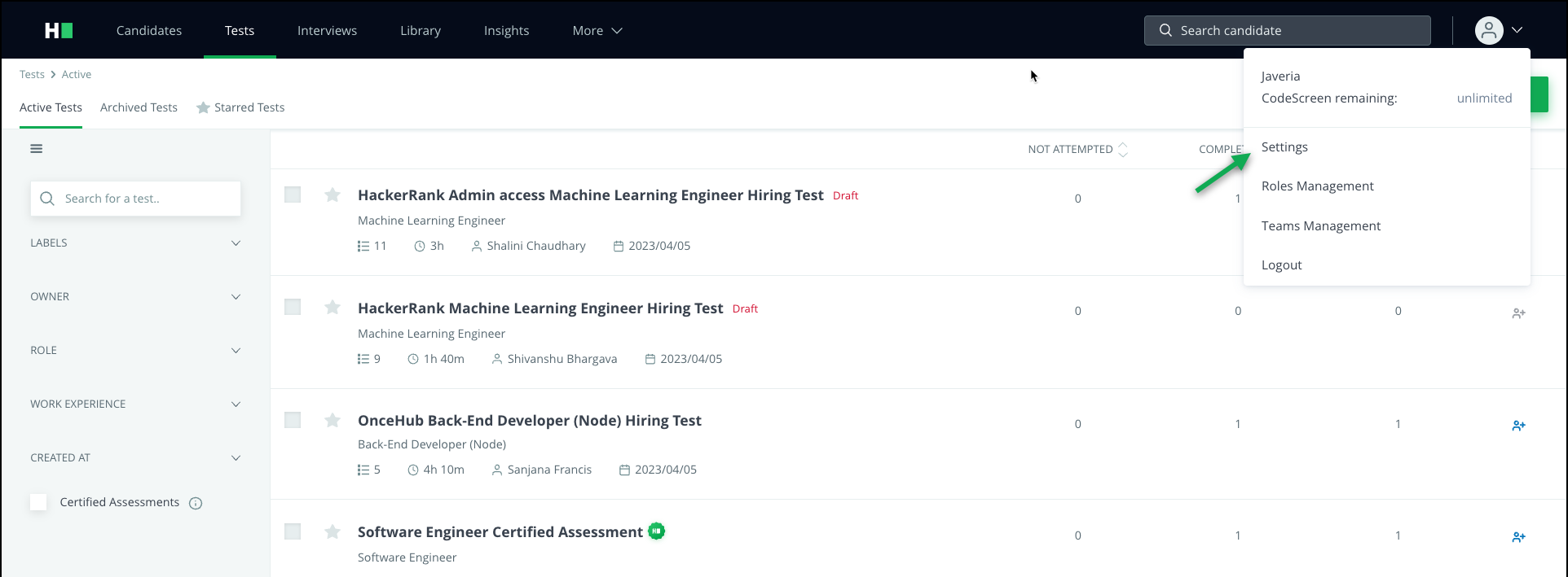 The Settings menu is highlighted on HackerRank