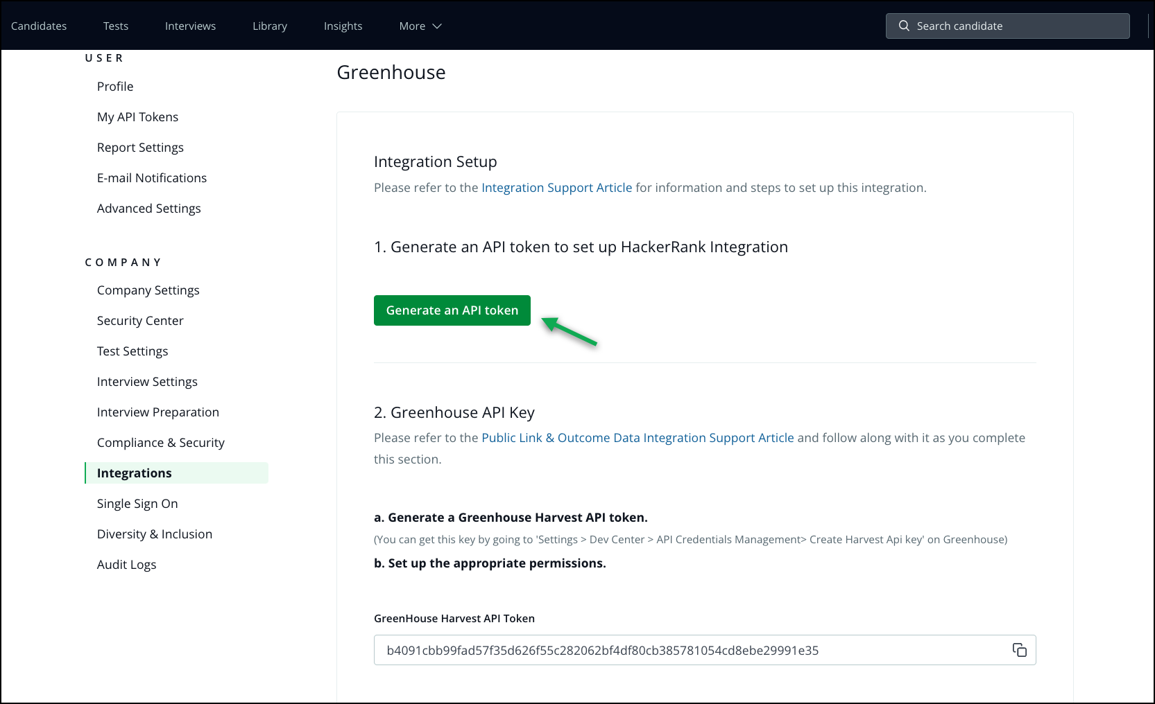 Generate an API token is highlighted on the HackerRank platform