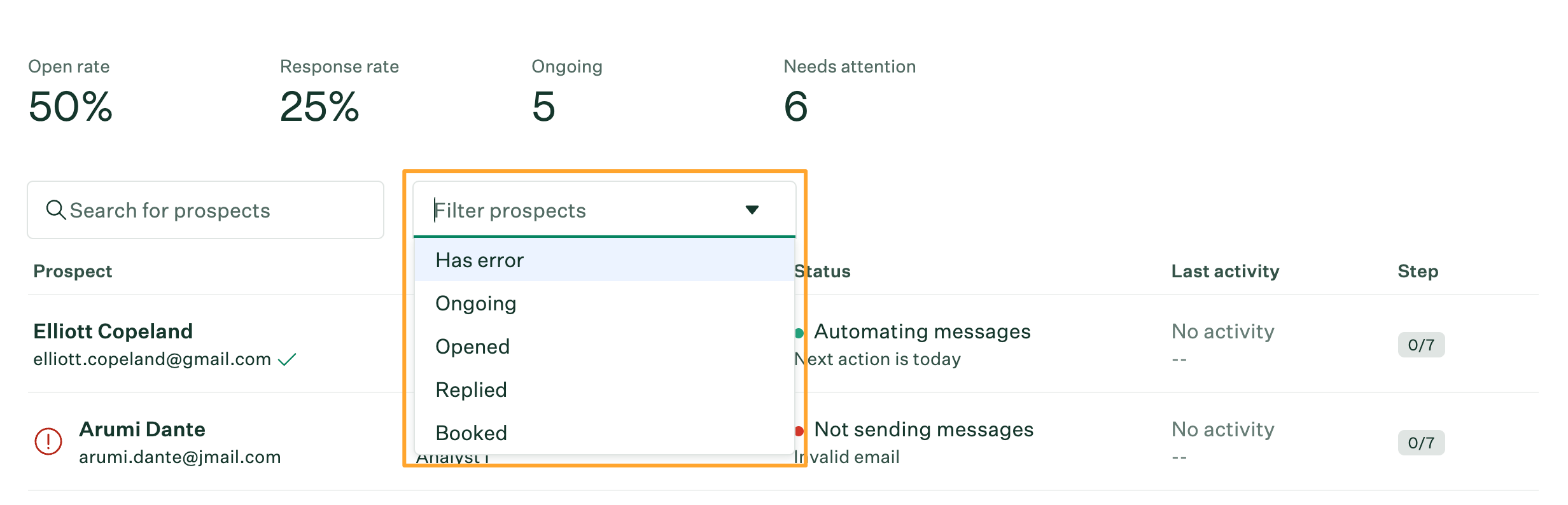 Filter prospects dropdown menu expanded and highlighted on a data analyst campaign pool Prospect tab