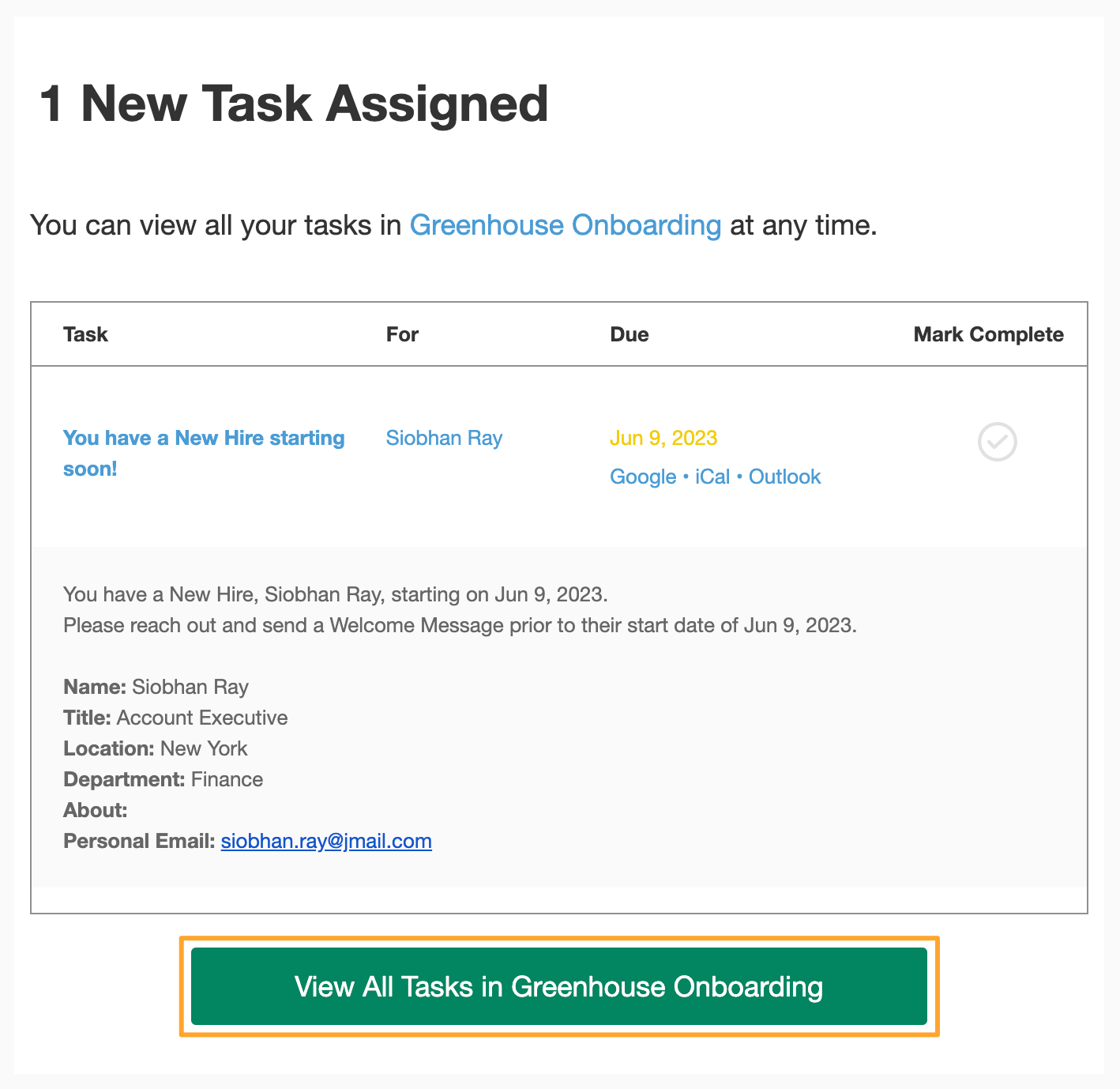 1 New Task Assigned email with View All Tasks in Greenhouse Onboarding button highlighted