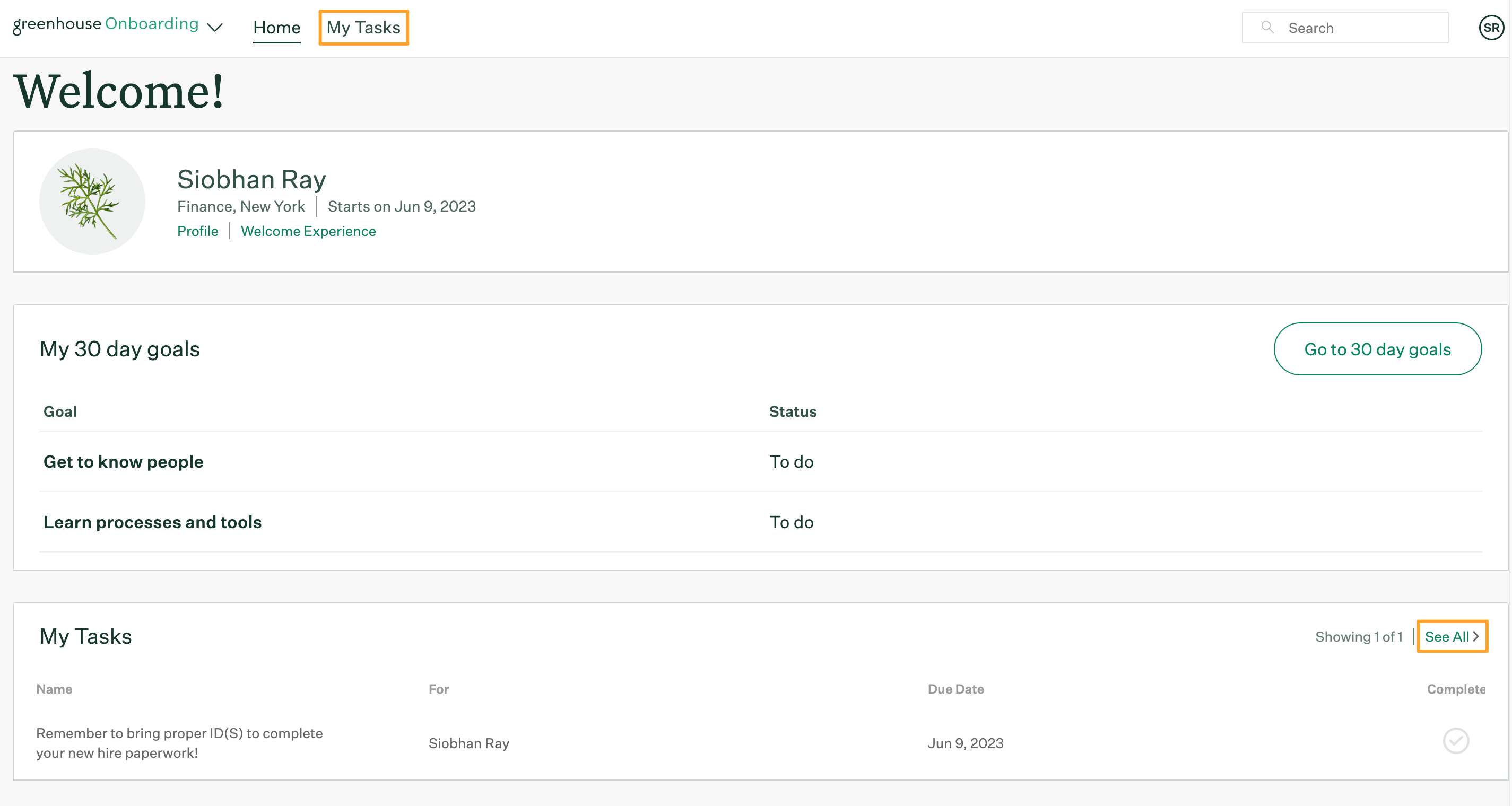 Employee view of Greenhouse Onboarding homepage with My Tasks tab and See all button highlighted
