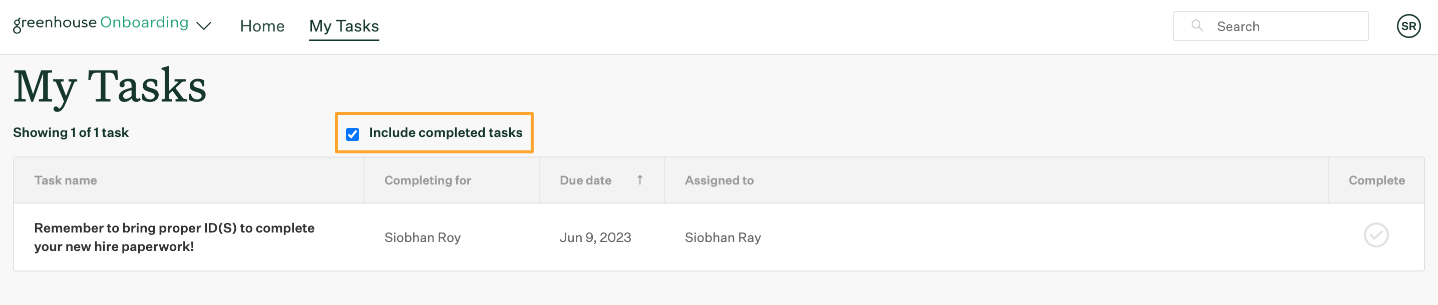 My Tasks page with Include completed tasks checkbox turned on
