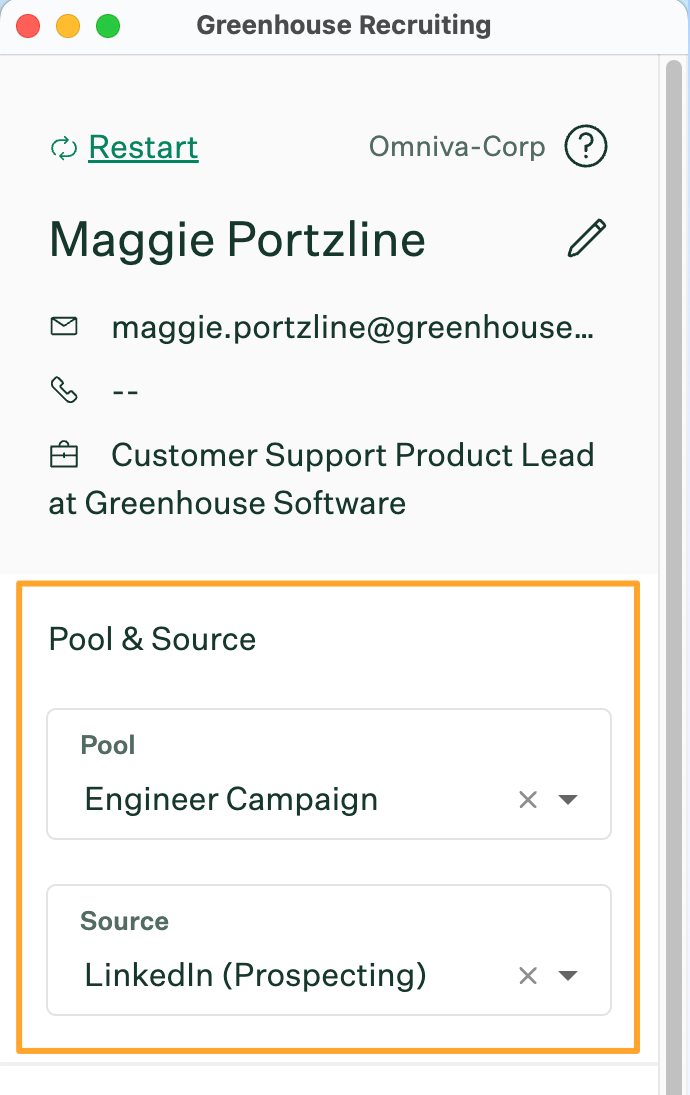 Greenhouse Chrome extension with Pool and Source fields filled out and highlighted