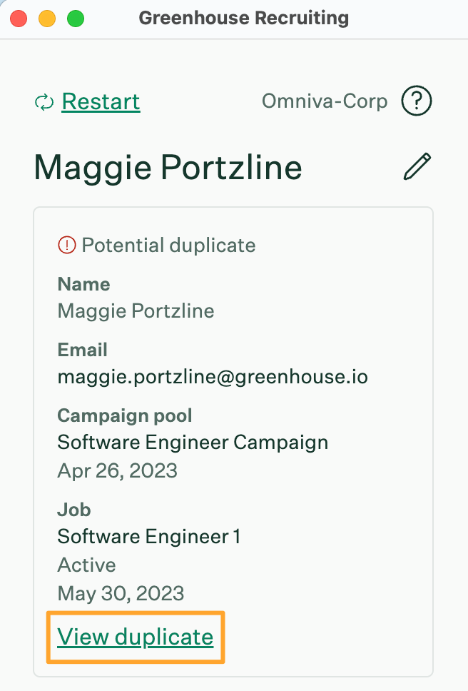 Greenhouse Chrome extension on step two with potential duplicate found and View duplicate button highlighted