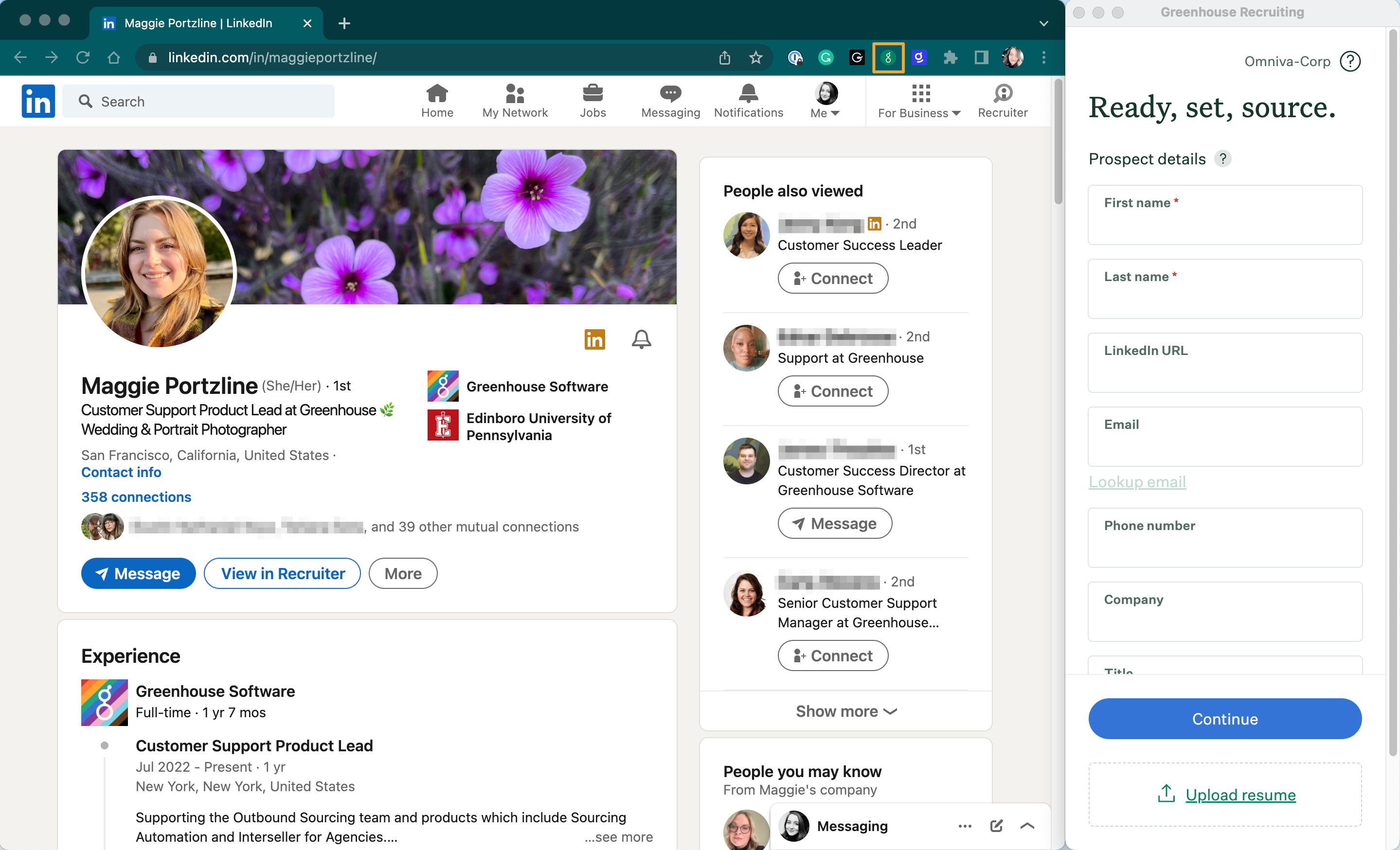 Linkedin prospect profile with Greenhouse Recruiting Chrome extension button highlighted and extension window open on the right