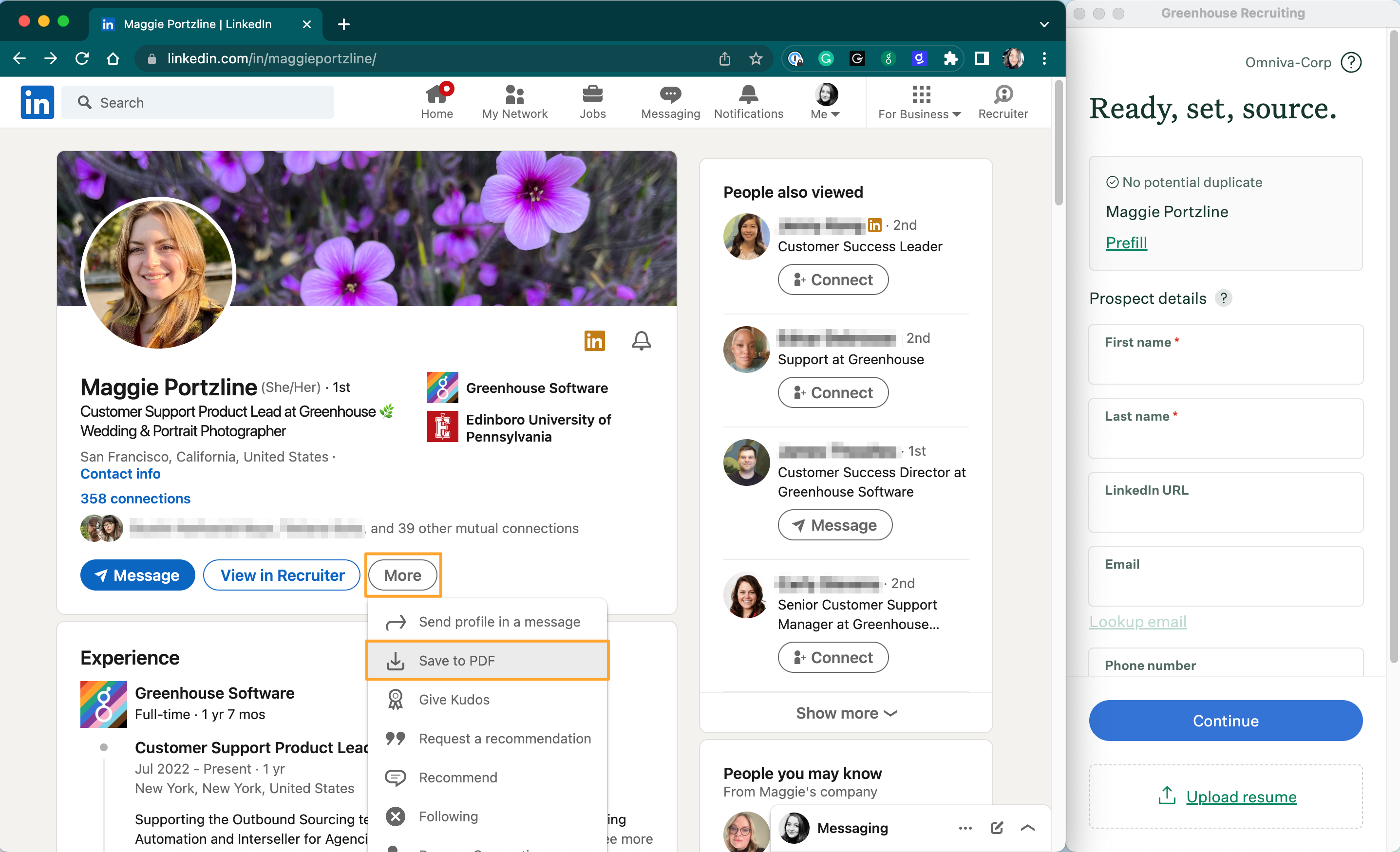 LinkedIn prospect profile and Greenhouse Chrome extension opened with More and Save to PDF buttons highlighted on LinkedIn