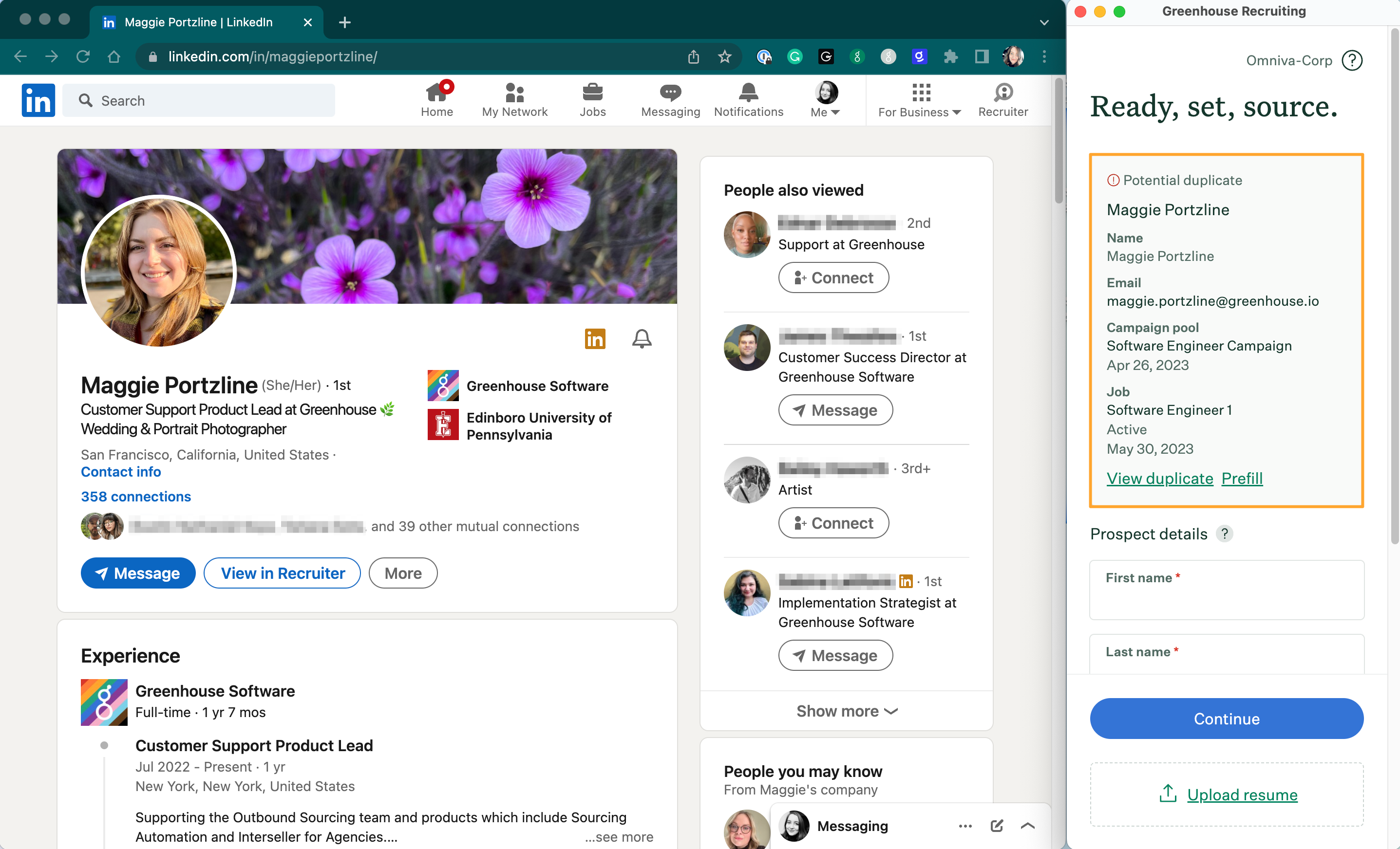LinkedIn prospect profile and Greenhouse Chrome extension opened with potential duplicate found and duplicate info listed