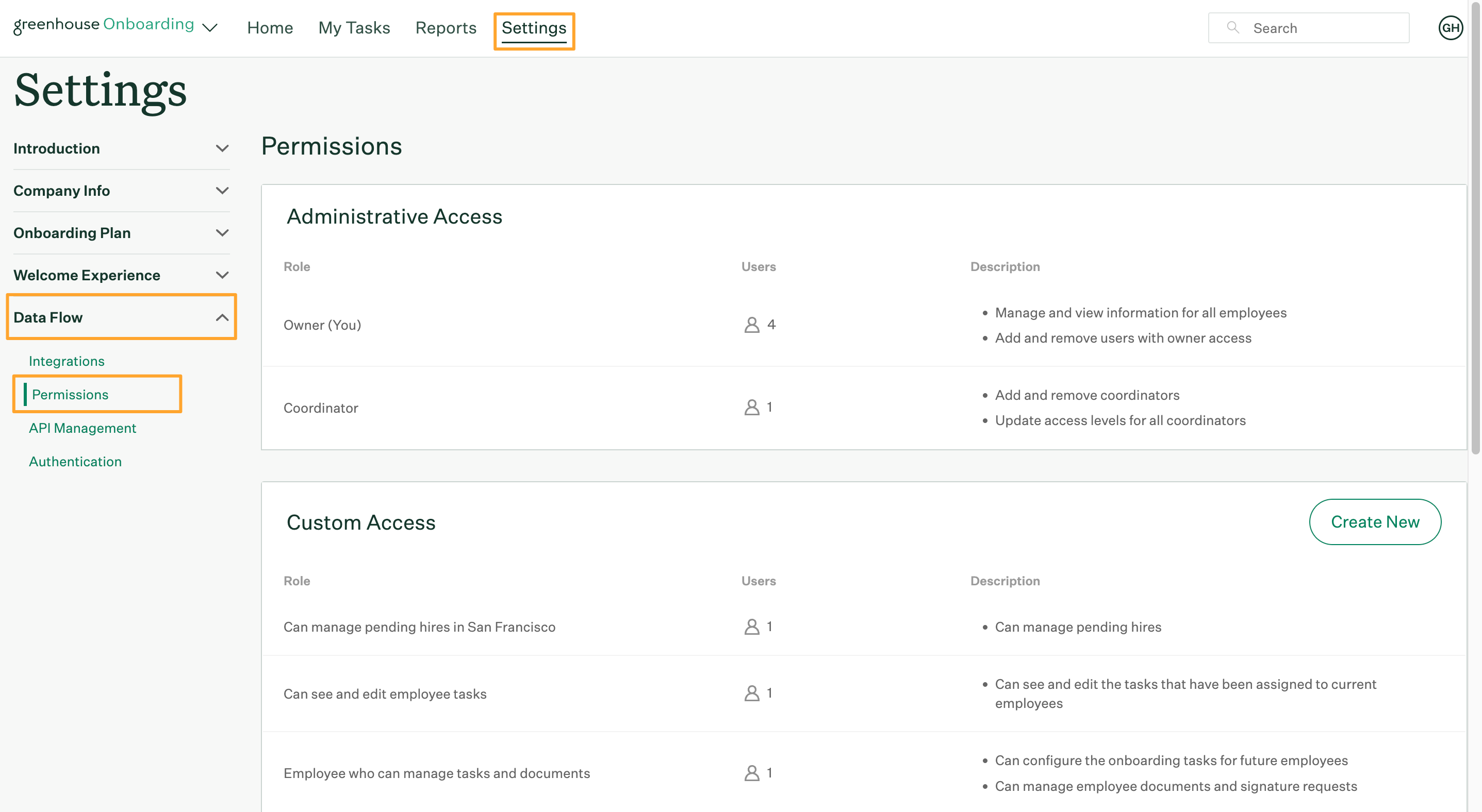 Greenhouse Onboarding Permissions page with Settings Data Flow and Permissions buttons highlighted