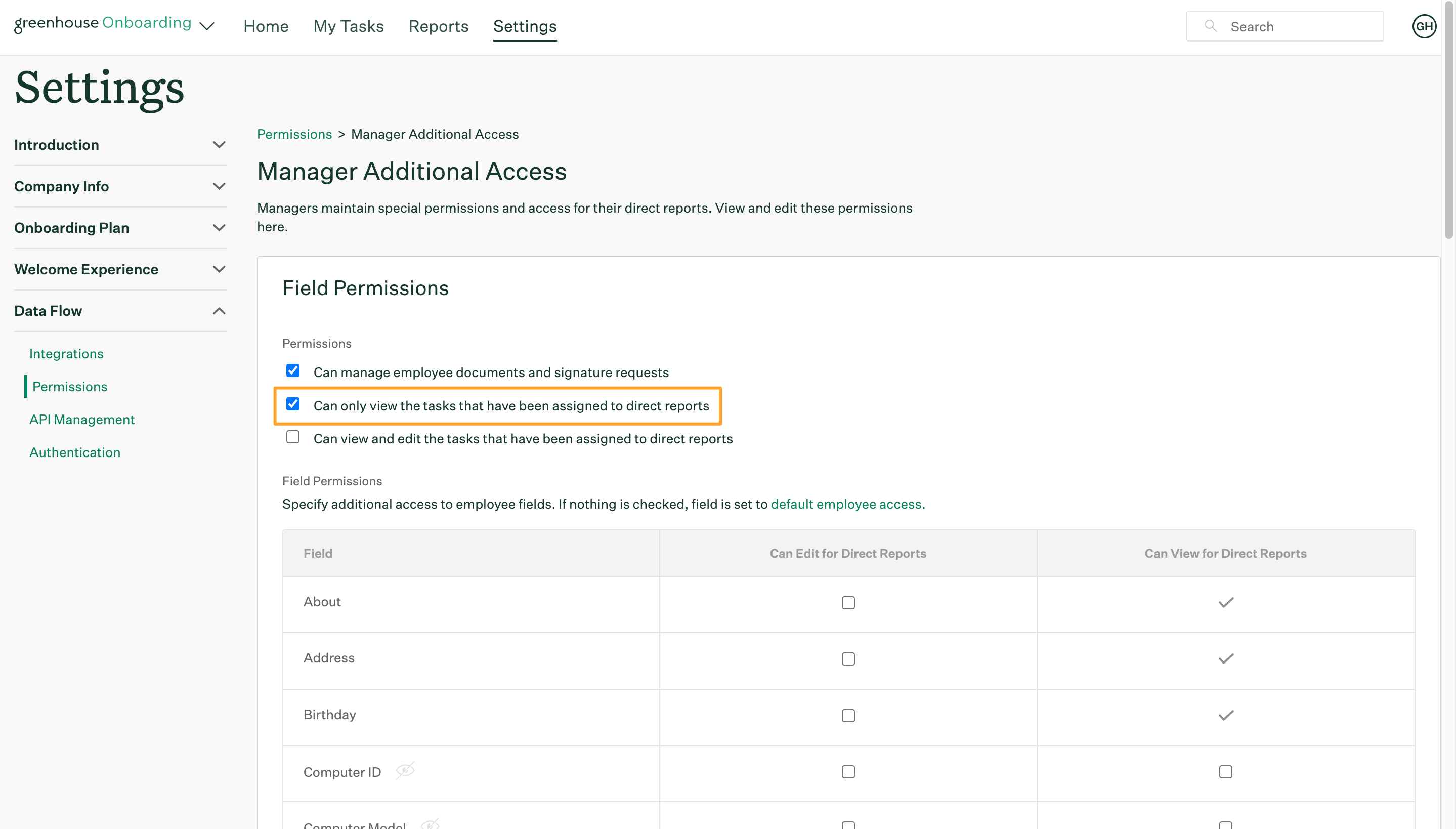 Greenhouse Onboarding Manager Additional Access page with Can only view the tasks that have been assigned to direct reports permission turned on