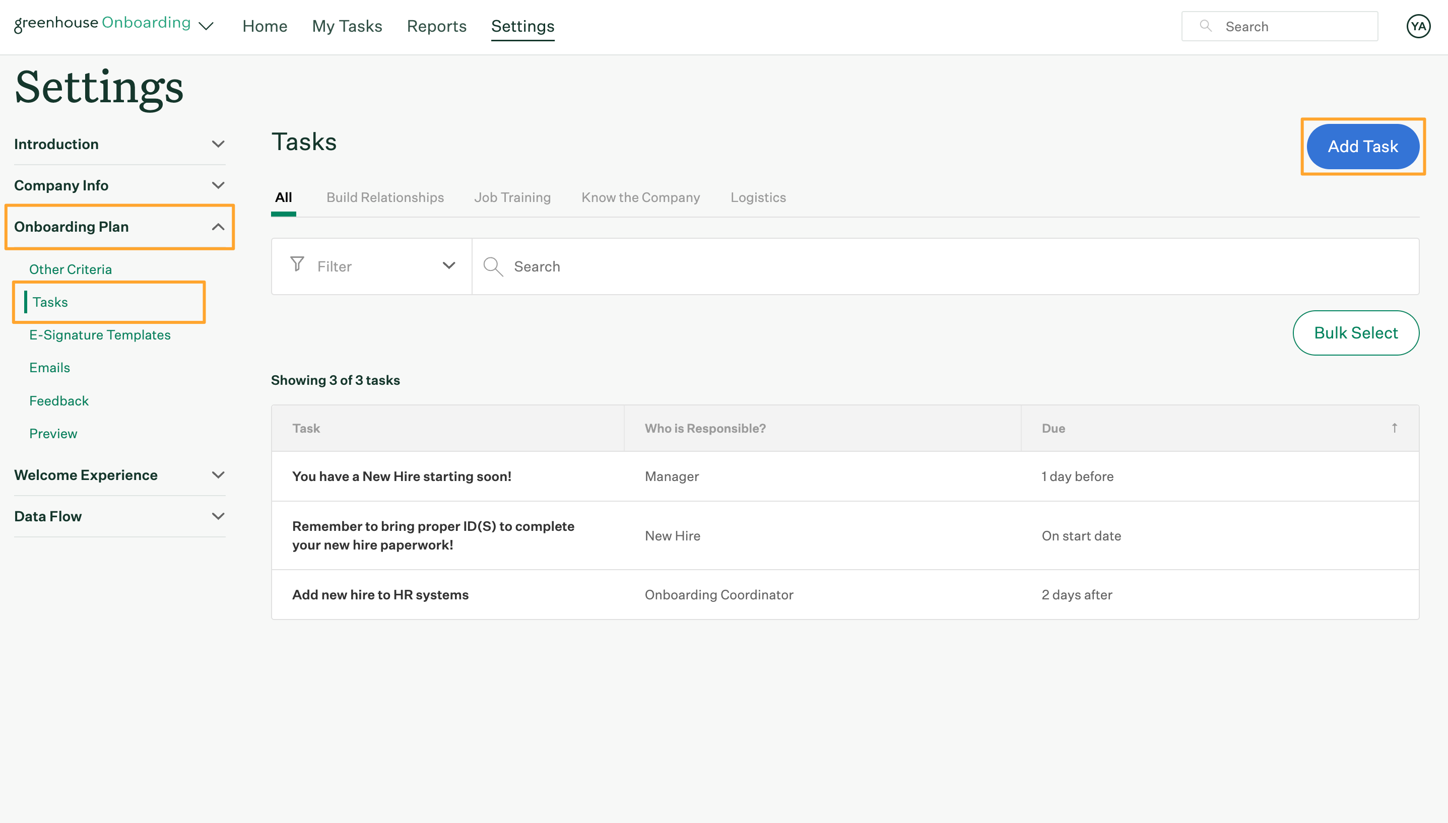 Tasks Settings page with Onboarding Plan Tasks and Add Task buttons highlighted
