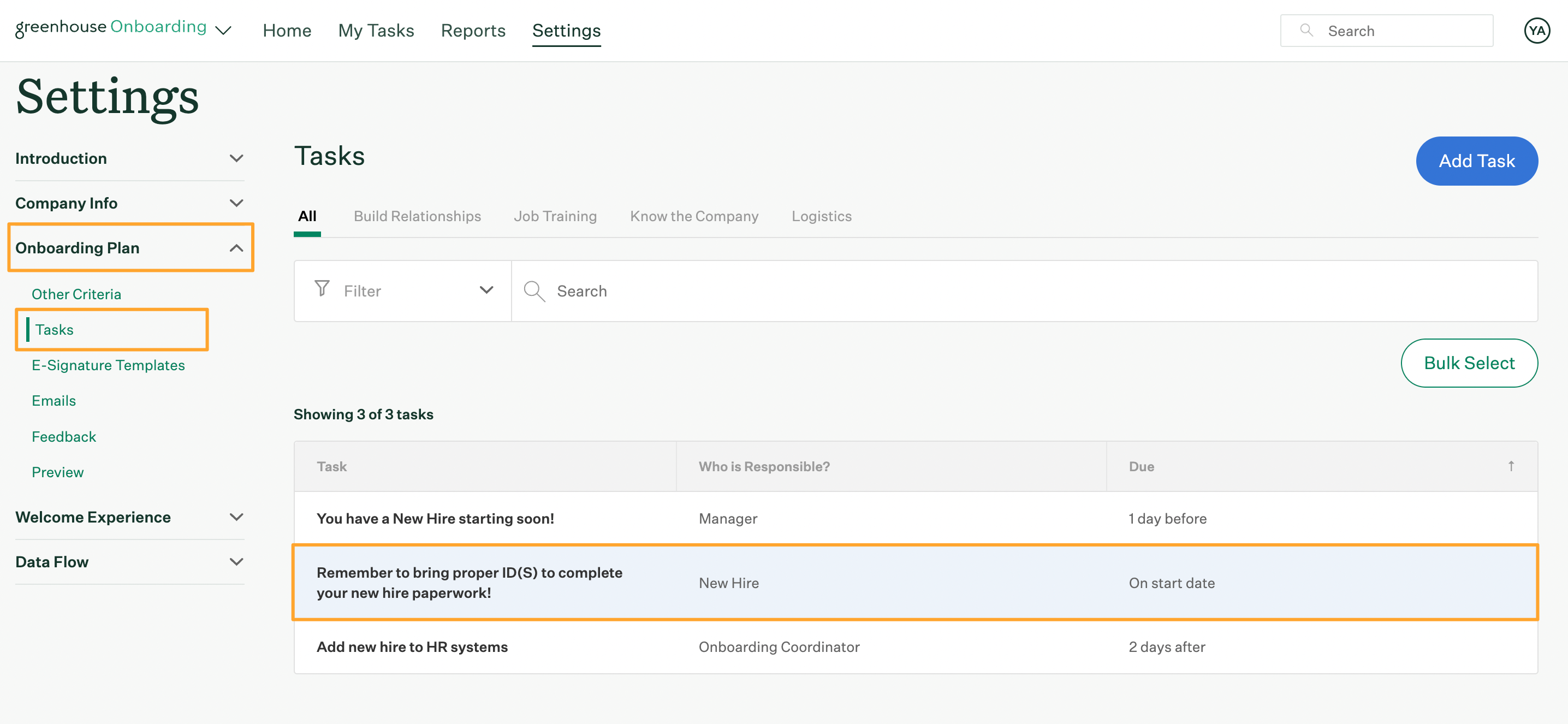 Tasks Settings page with Onboarding Plan and Tasks buttons highlighted and existing organization wide task highlighted