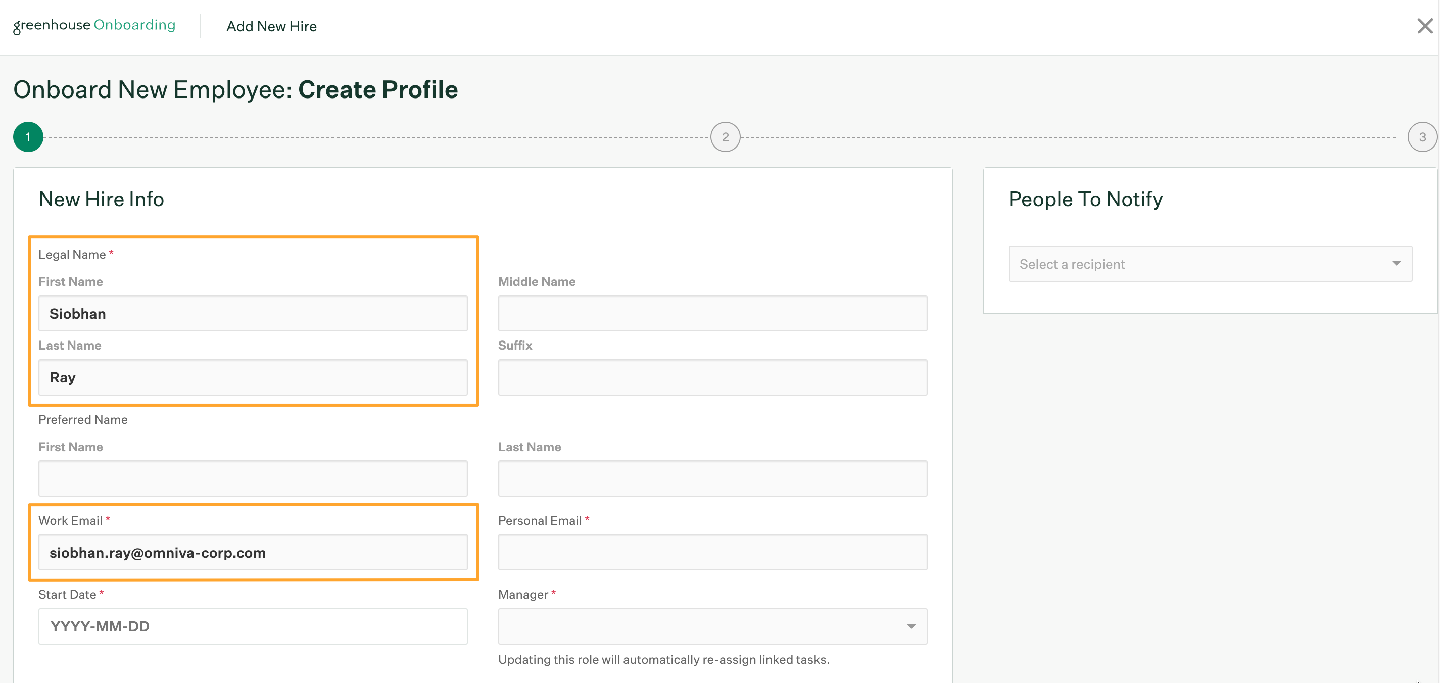 Add New Hire page with First Name Last Name and Work Email of terminated employee filled out