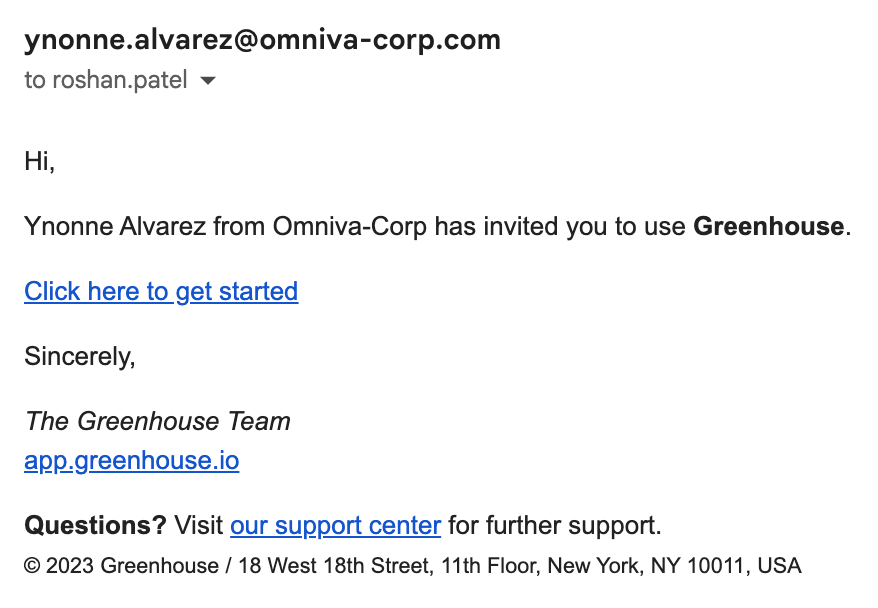 Email from Greenhouse when an organization invites someone to be an agency recruiter for their jobs