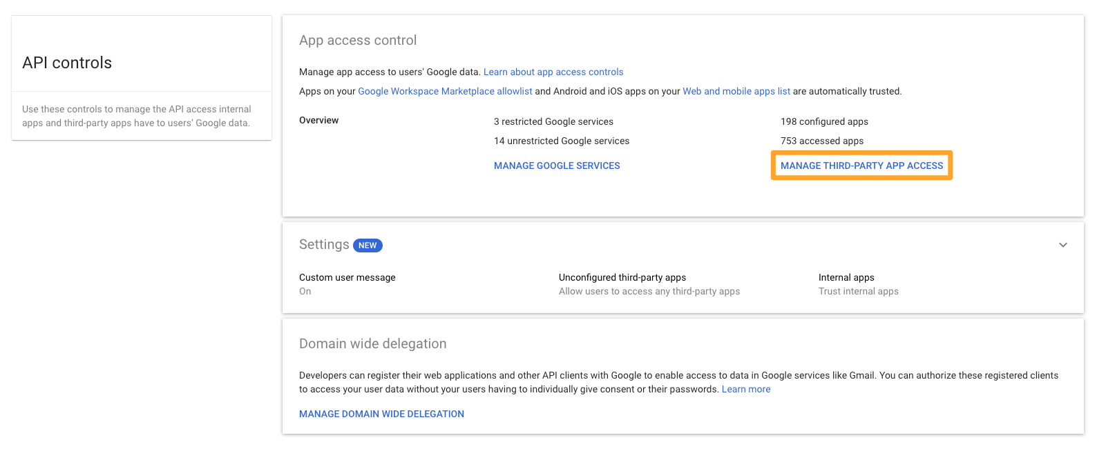 Google Admin API controls page with Manage third party app access button highlighted under app access control