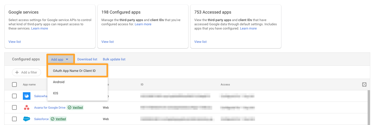 Google Admin third party app page with Add app button and OAuth app button highlighted