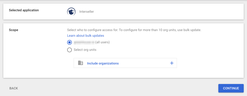 Google Admin Configure OAuth app workflow third step with scope options for all users or specific org units
