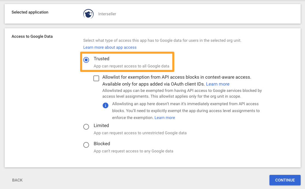 Google Admin Configure OAuth app workflow fourth step with Trusted option selected for Google access