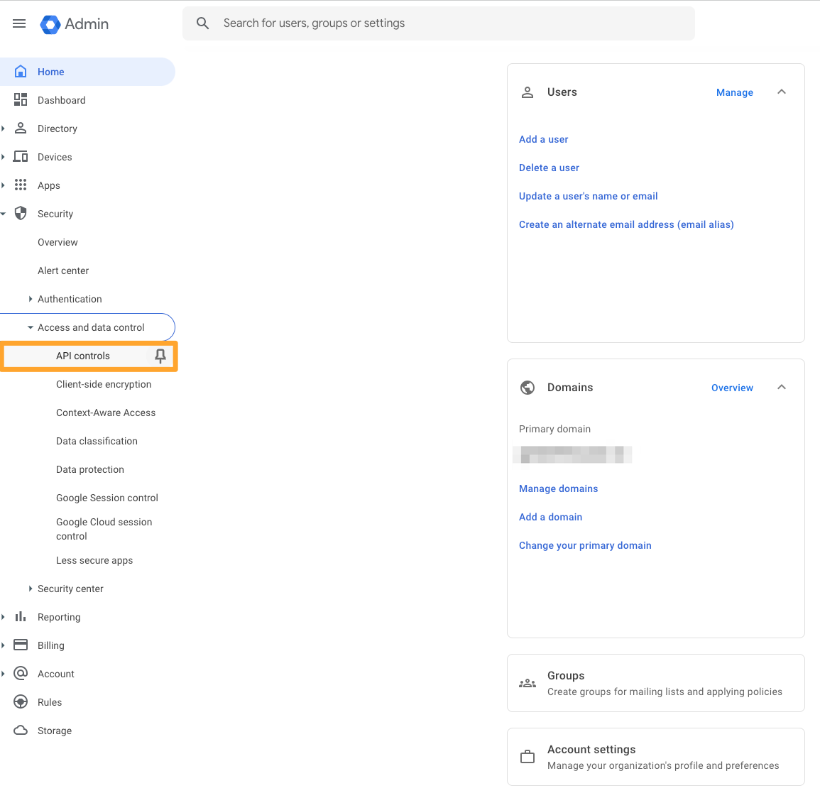Google Admin homepage with navigation on side panel highlighting the API controls tab