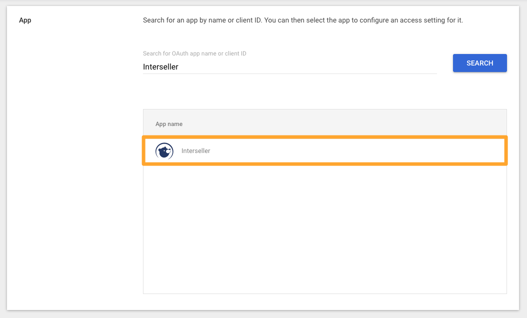 Google Admin Configure OAuth app workflow first step with search for Interseller and Interseller app highlighted