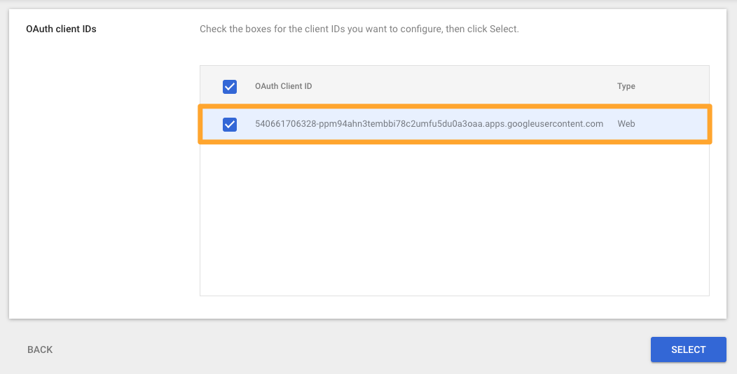 Google Admin Configure OAuth app workflow second step with client ID checkbox marked and highlighted