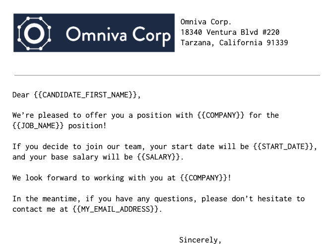 An example offer template by Omniva Corp is shown with offer tokens