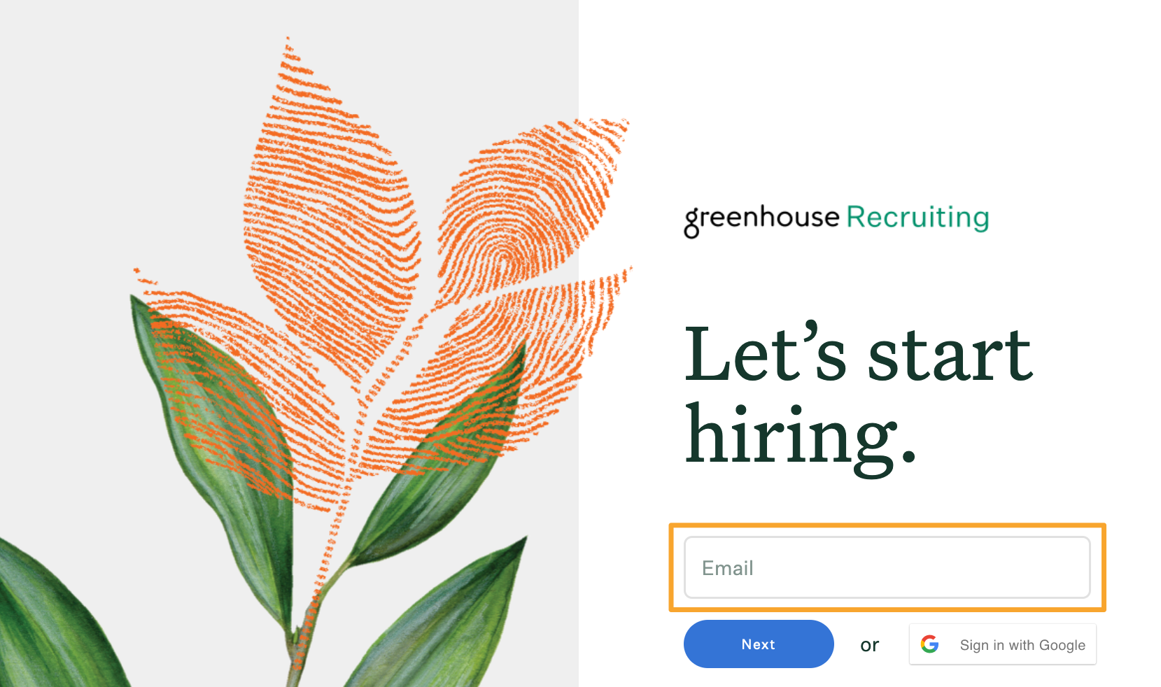 The Greenhouse Recruiting login page shows as large plant motif and the words Let's start hiring, followed by a field for the login email address