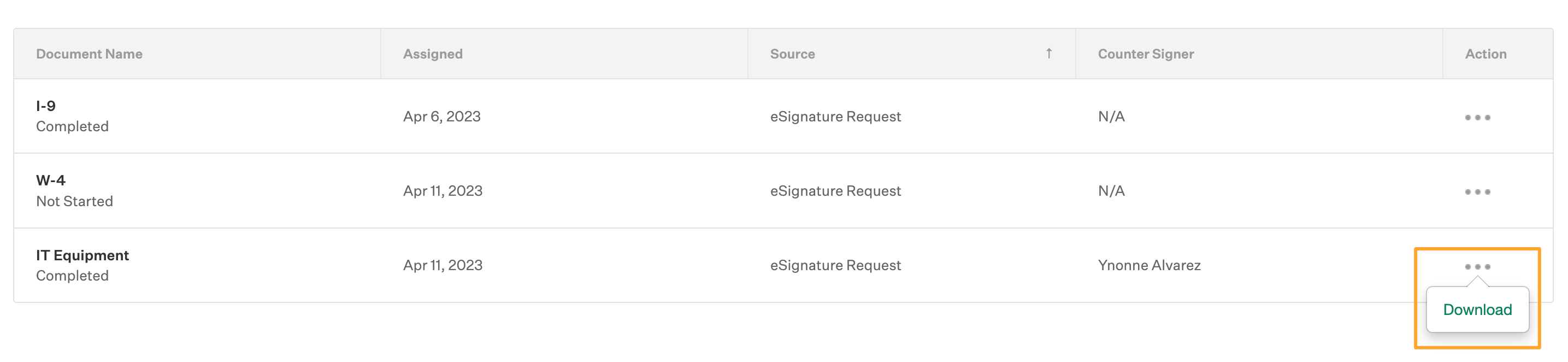 Employee ESignature documents listed on the employee profile Documents tab with the Download button expanded and highlighted for the third document