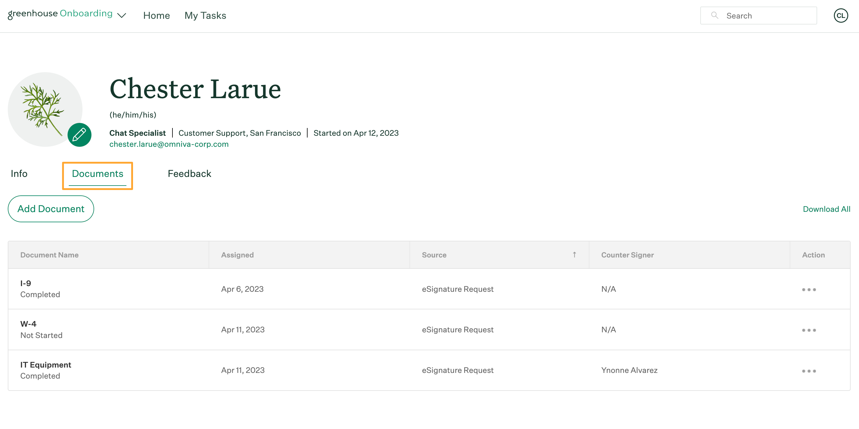 Employee profile in Greenhouse Onboarding with the Documents tab opened and highlighted