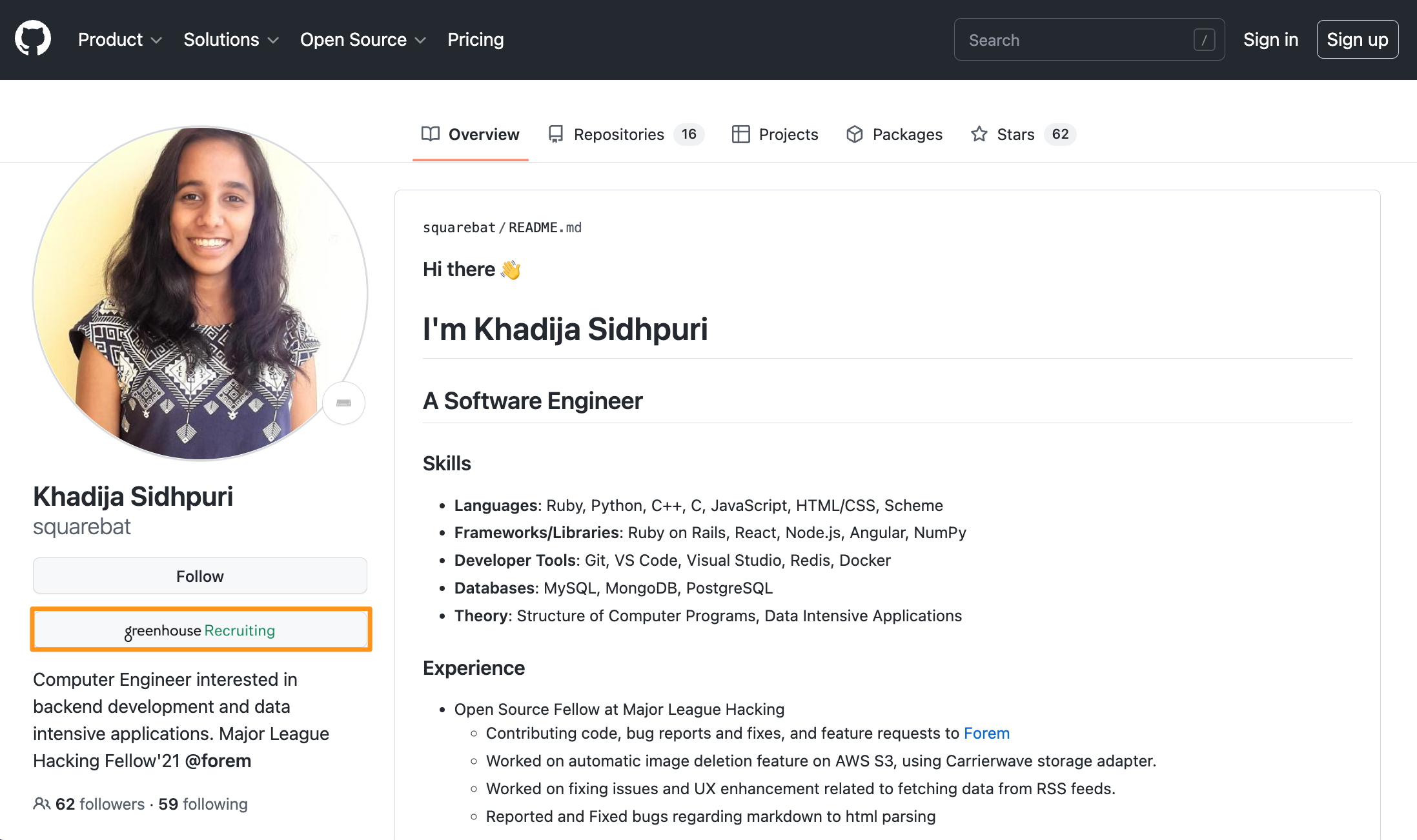 github profile with greenhouse recruiting button highlighted