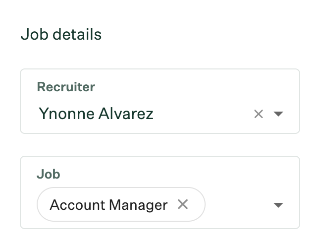 Greenhouse Recruiting Chrome extension second step with Recruiter and Job fields filled out